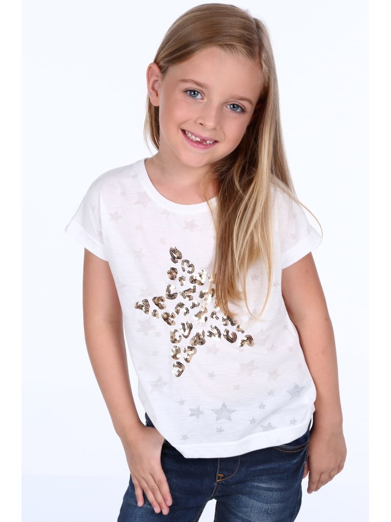 T-shirt with a sequined star, cream, NDZ8415 - Online store - Boutique